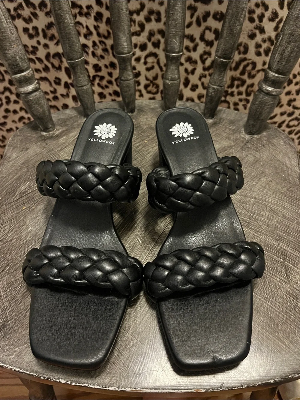 Black Braided Strap Block Heel Sandals